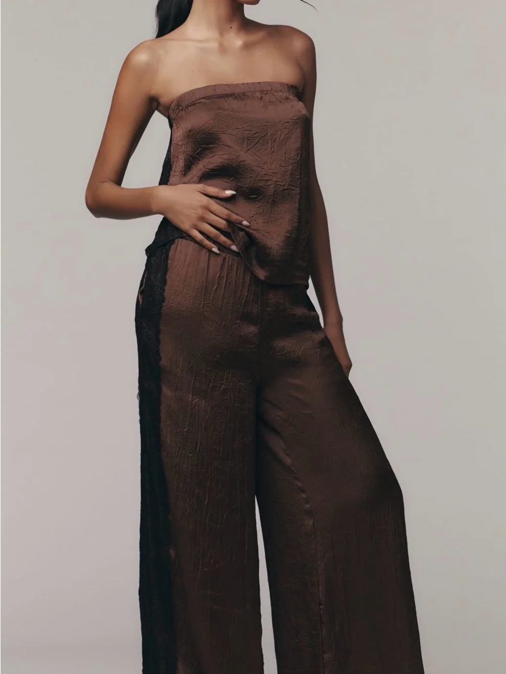 Anthropologie Chocolate Brown Wide-Leg Pants with Black Lace Side Trim - Picture 1 of 4